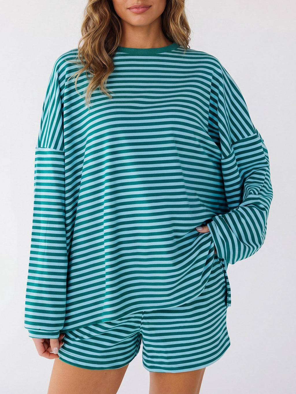 Striped Long Sleeve Top And Shorts Lounge Set - Green