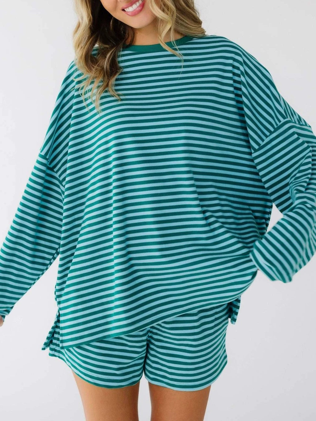 Striped Long Sleeve Top And Shorts Lounge Set - Green - 1