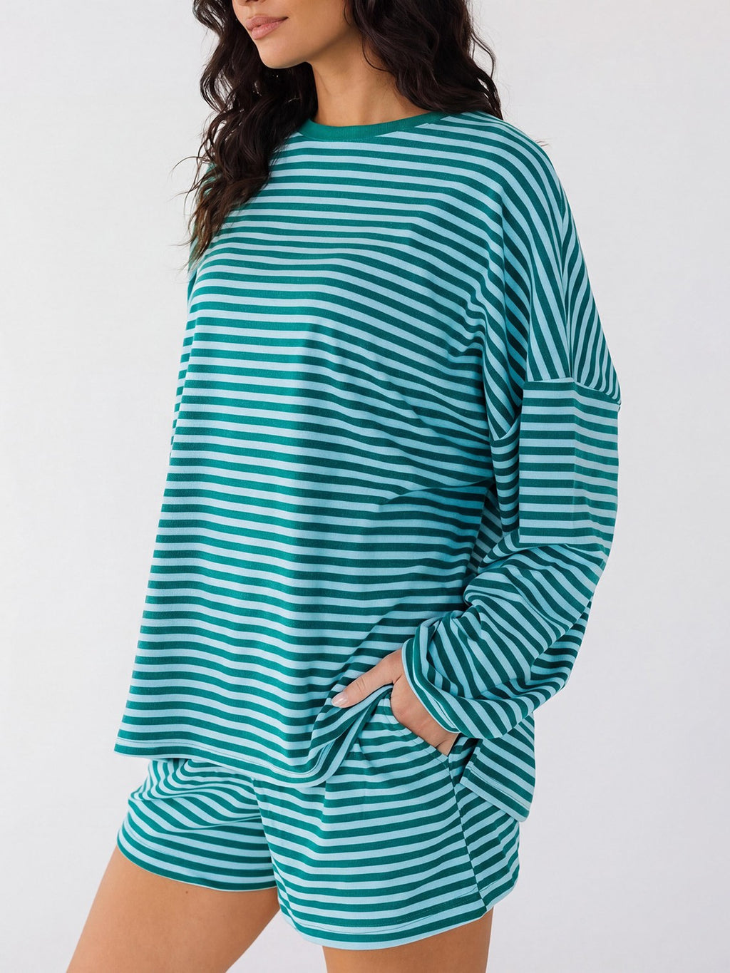 Striped Long Sleeve Top And Shorts Lounge Set - Green - 2