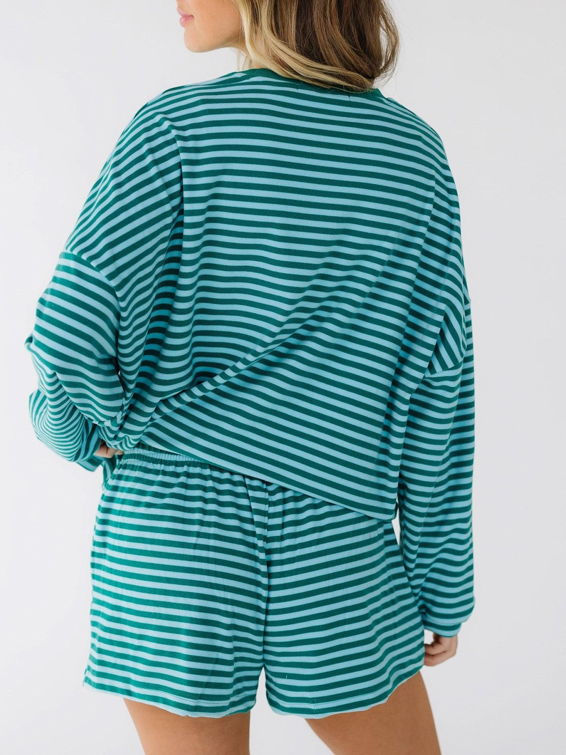 Striped Long Sleeve Top And Shorts Lounge Set - Green - 3
