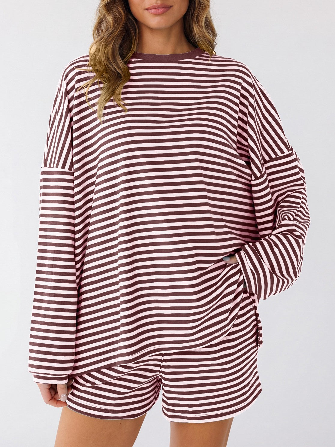 Striped Long Sleeve Top And Shorts Lounge Set - Pink