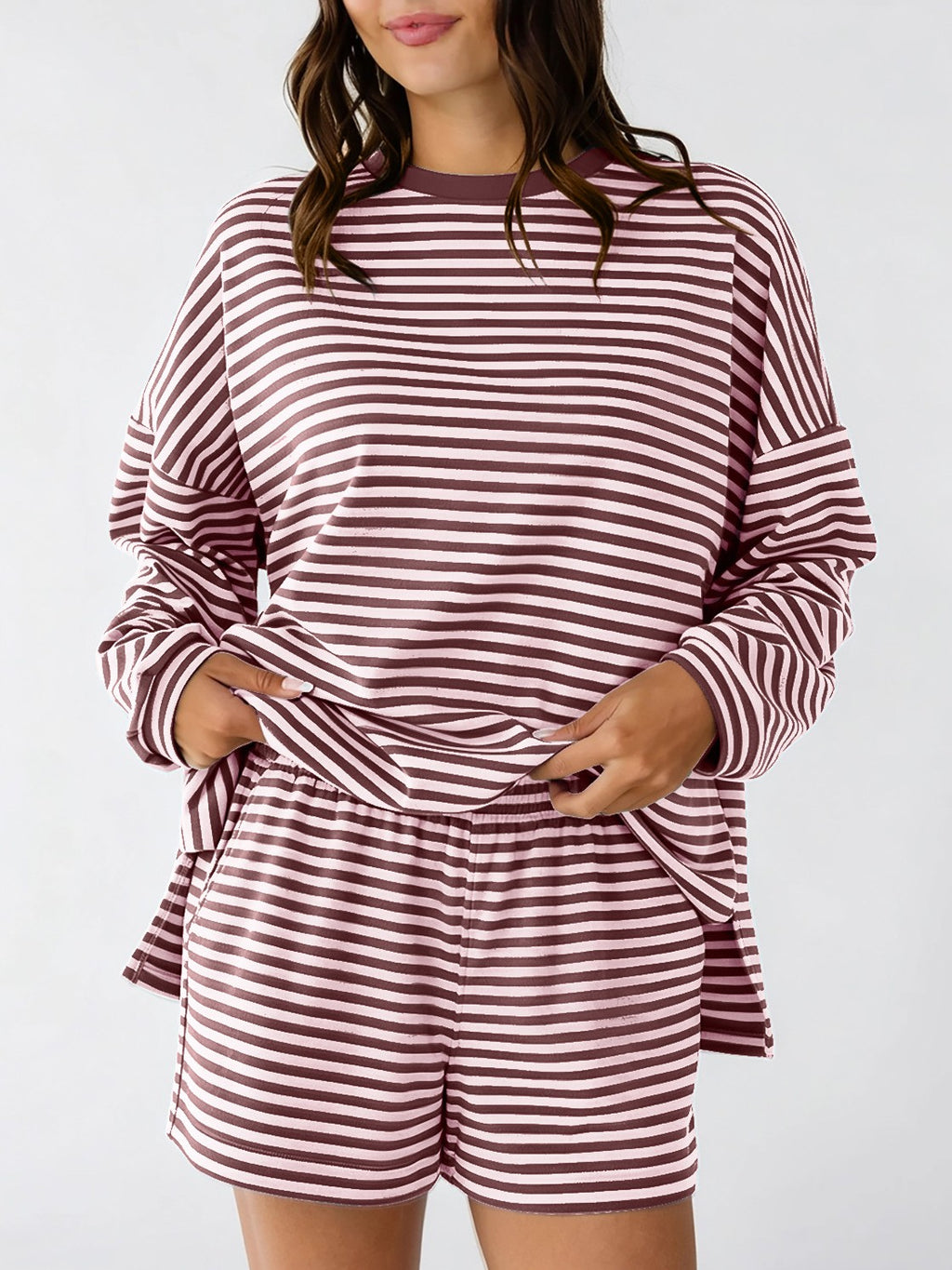 Striped Long Sleeve Top And Shorts Lounge Set - Pink - 1