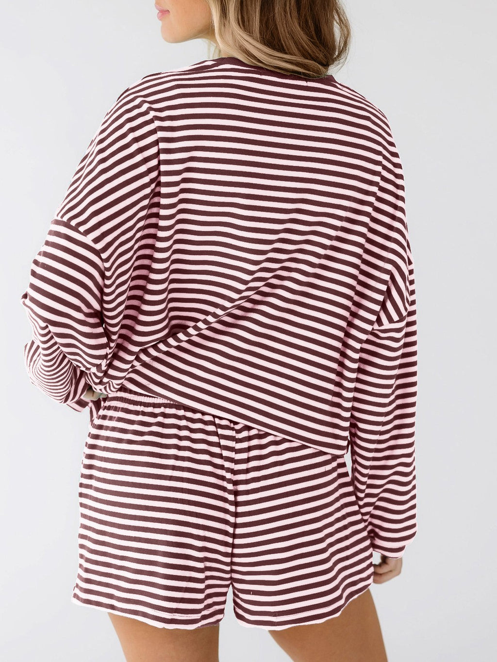 Striped Long Sleeve Top And Shorts Lounge Set - Pink - 2