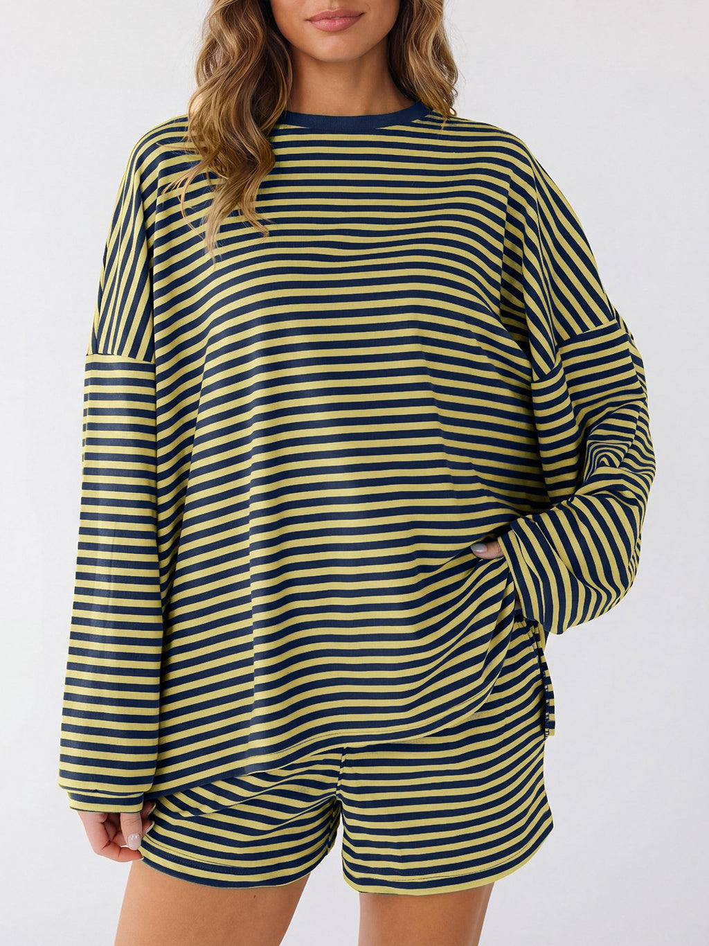 Striped Long Sleeve Top And Shorts Lounge Set - Yellow