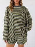 Striped Long Sleeve Top And Shorts Lounge Set - Yellow