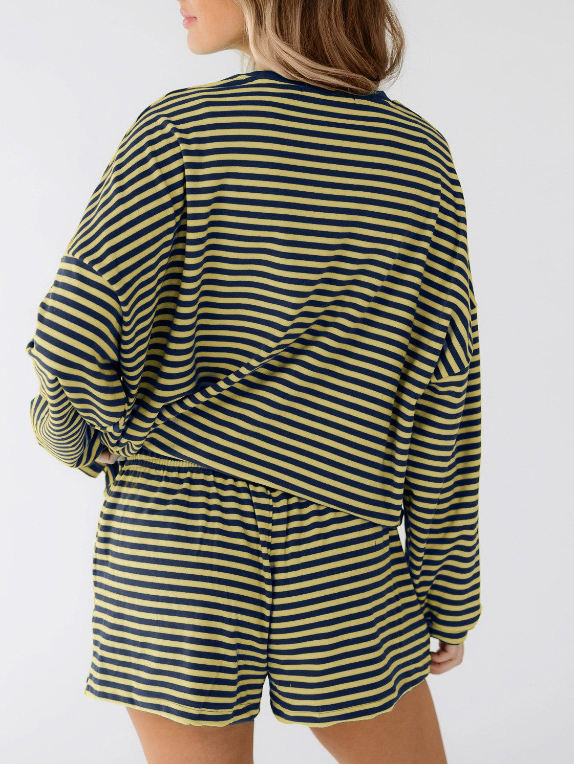 Striped Long Sleeve Top And Shorts Lounge Set - Yellow - 1