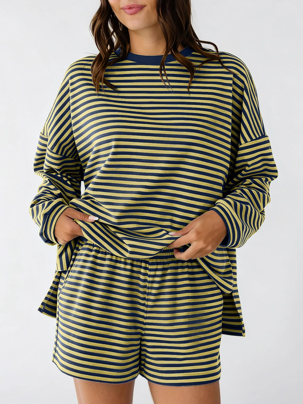 Striped Long Sleeve Top And Shorts Lounge Set - Yellow - 2