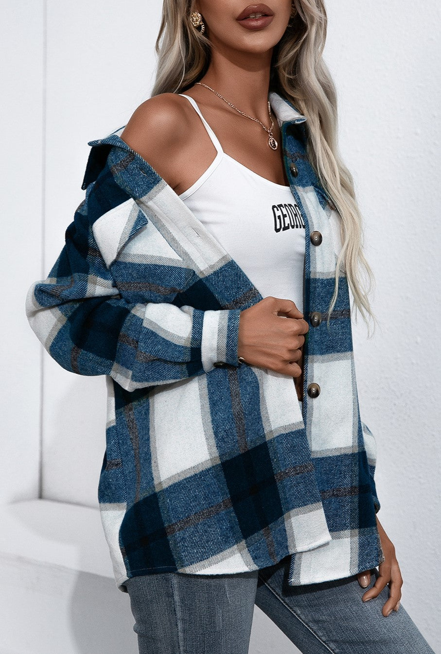 Oversized Plaid Flannel Button Down Shirt - Blue - 1