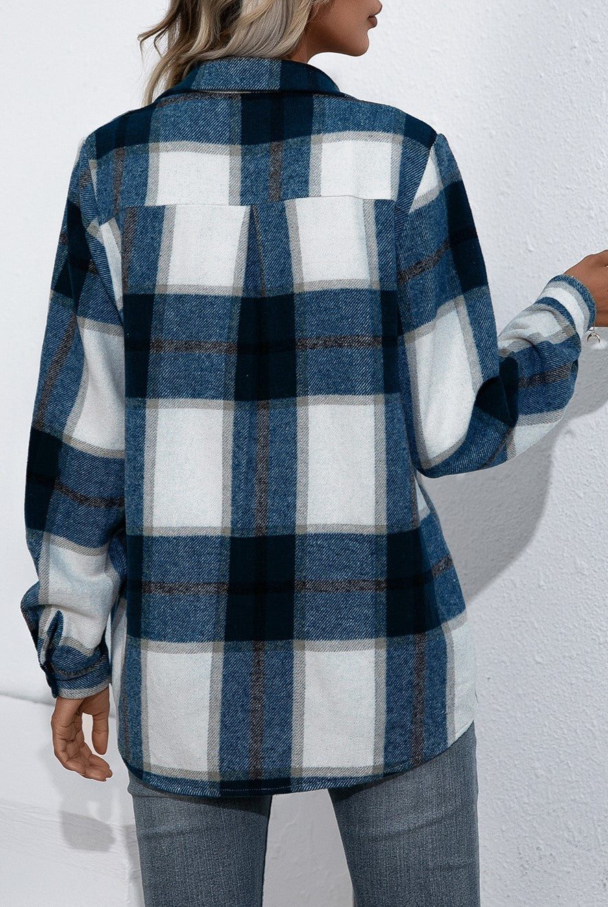 Oversized Plaid Flannel Button Down Shirt - Blue - 2