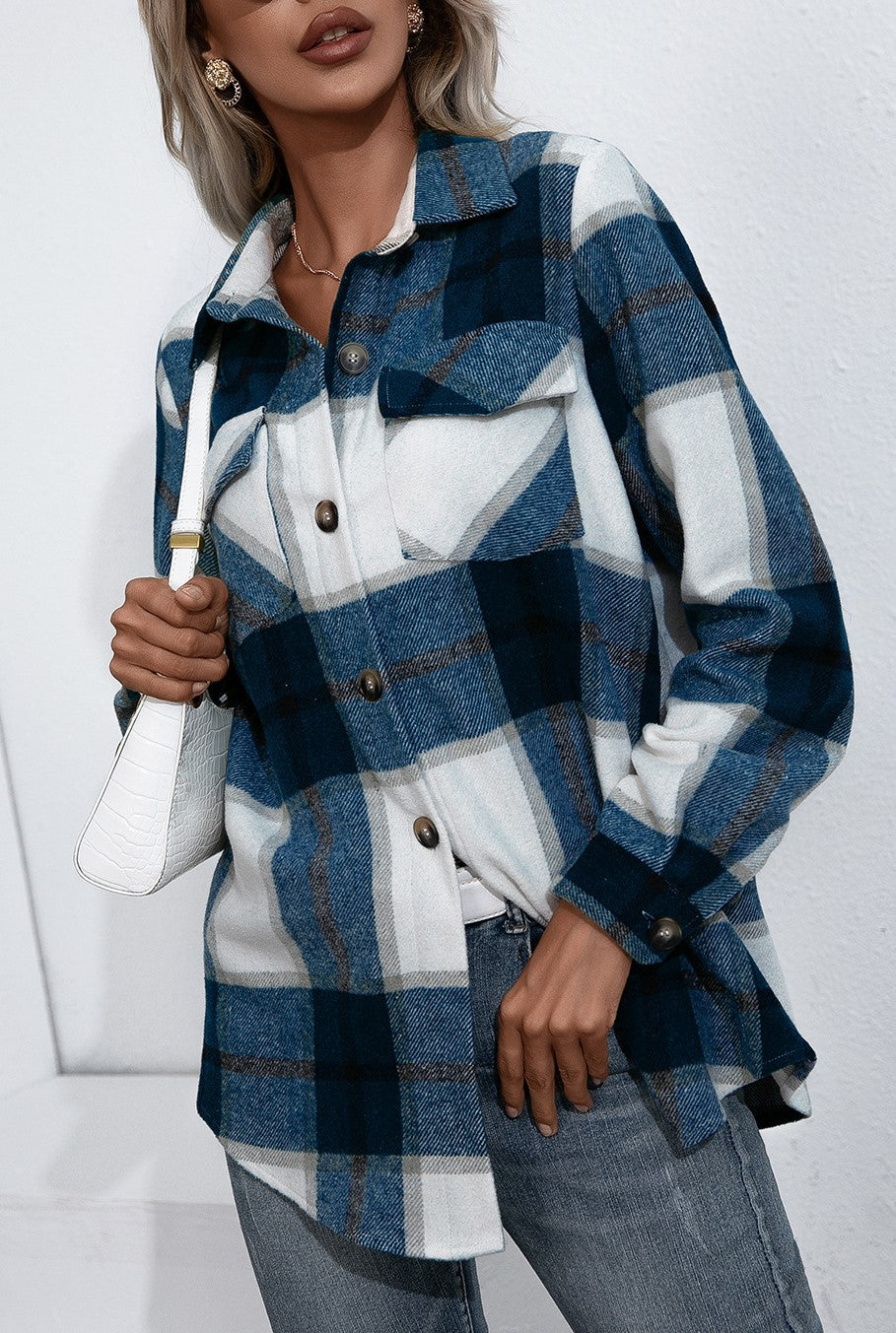 Oversized Plaid Flannel Button Down Shirt - Blue - 3