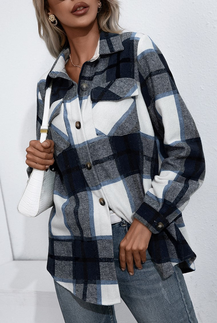Oversized Plaid Flannel Button Down Shirt - DarkBlue