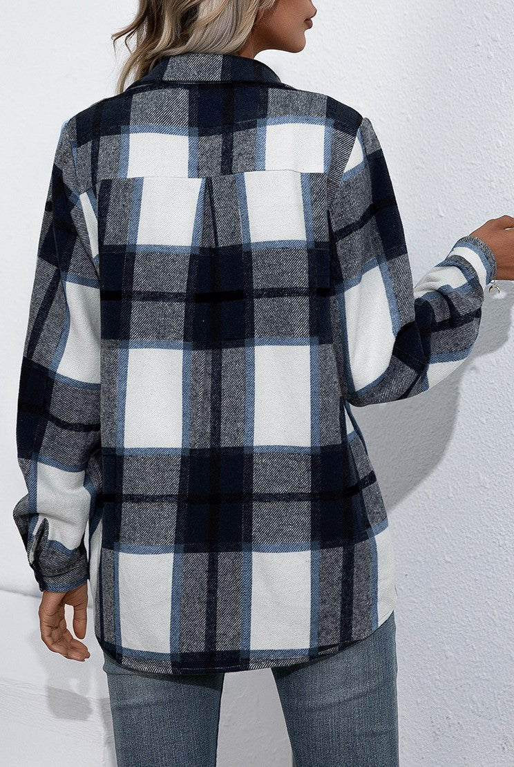 Oversized Plaid Flannel Button Down Shirt - DarkBlue - 1