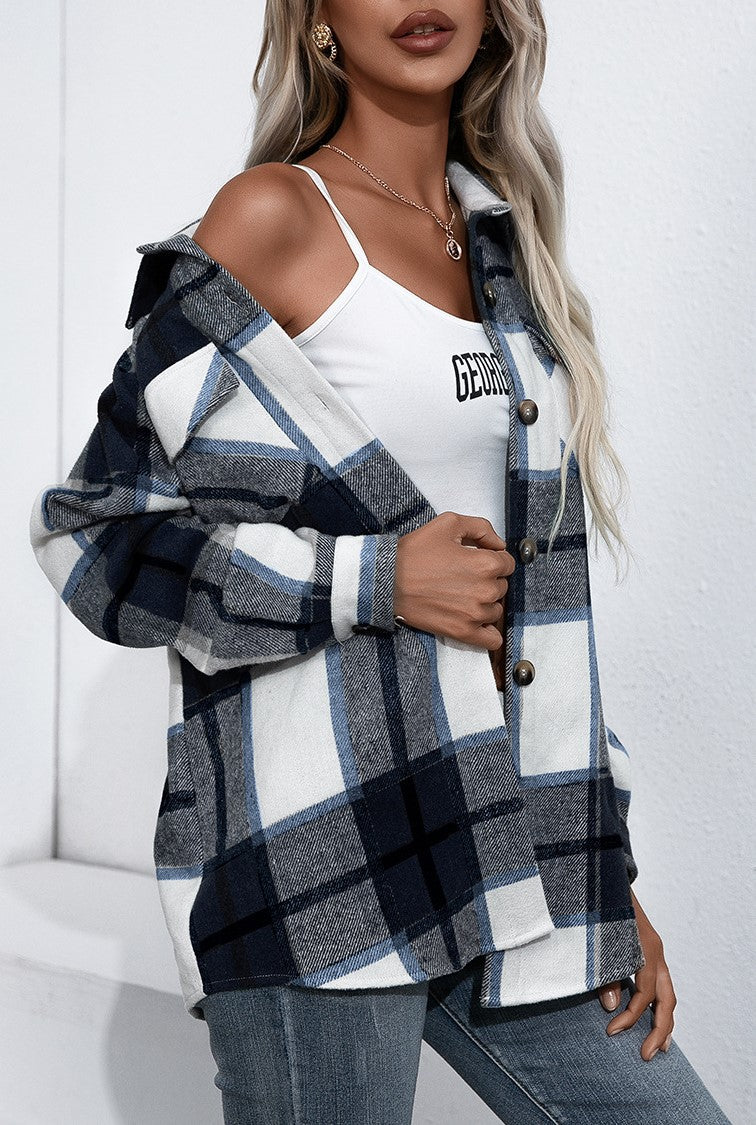 Oversized Plaid Flannel Button Down Shirt - DarkBlue - 3