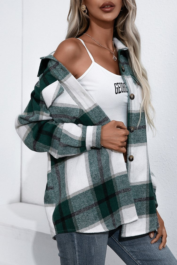 Oversized Plaid Flannel Button Down Shirt - Green