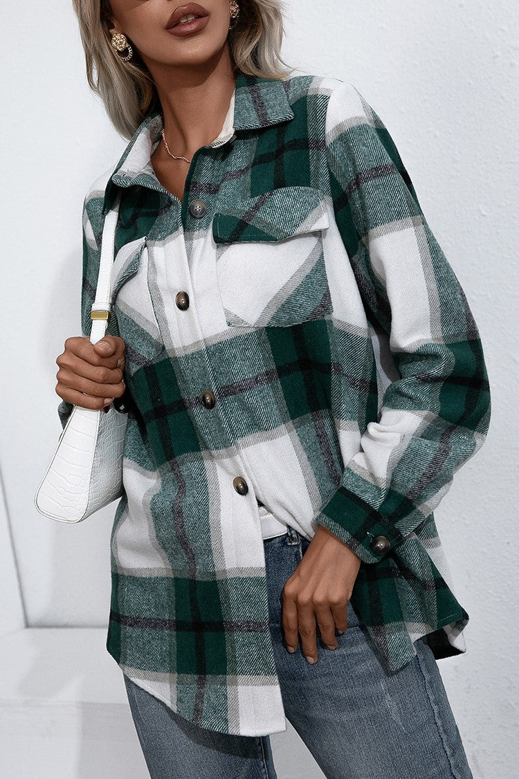 Oversized Plaid Flannel Button Down Shirt - Green - 1