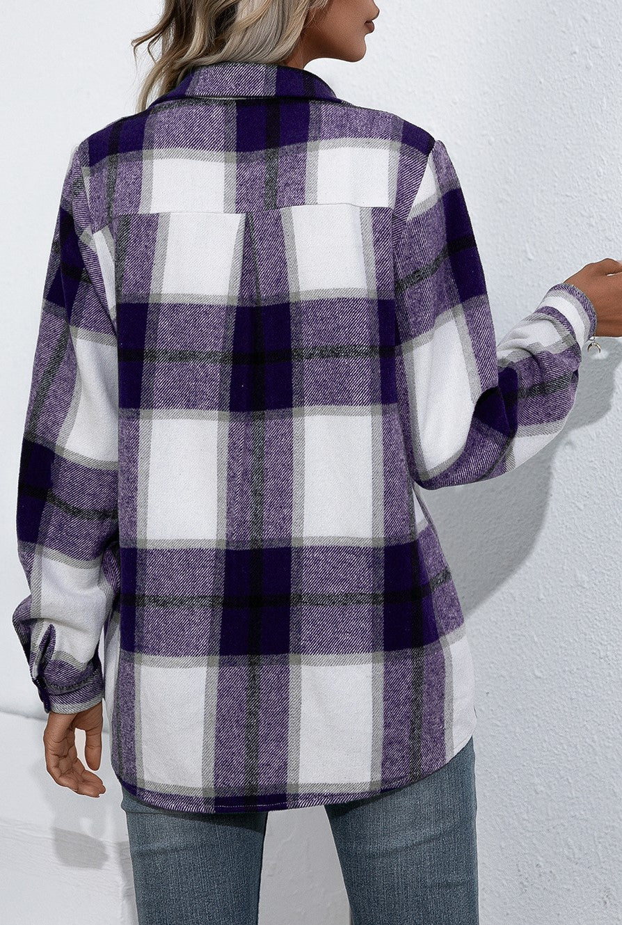 Oversized Plaid Flannel Button Down Shirt - Purple