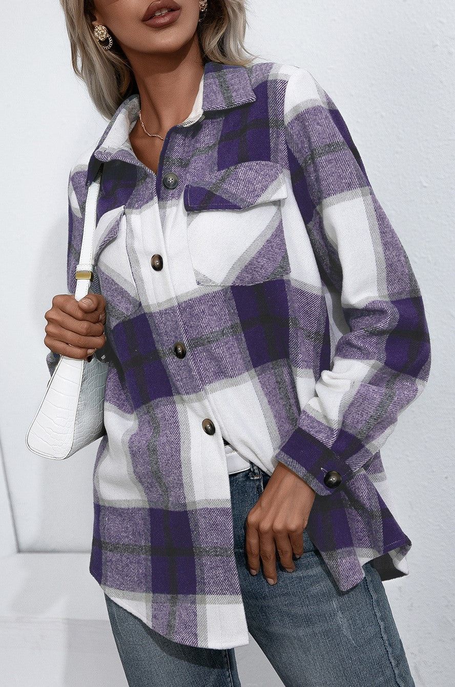 Oversized Plaid Flannel Button Down Shirt - Purple - 3
