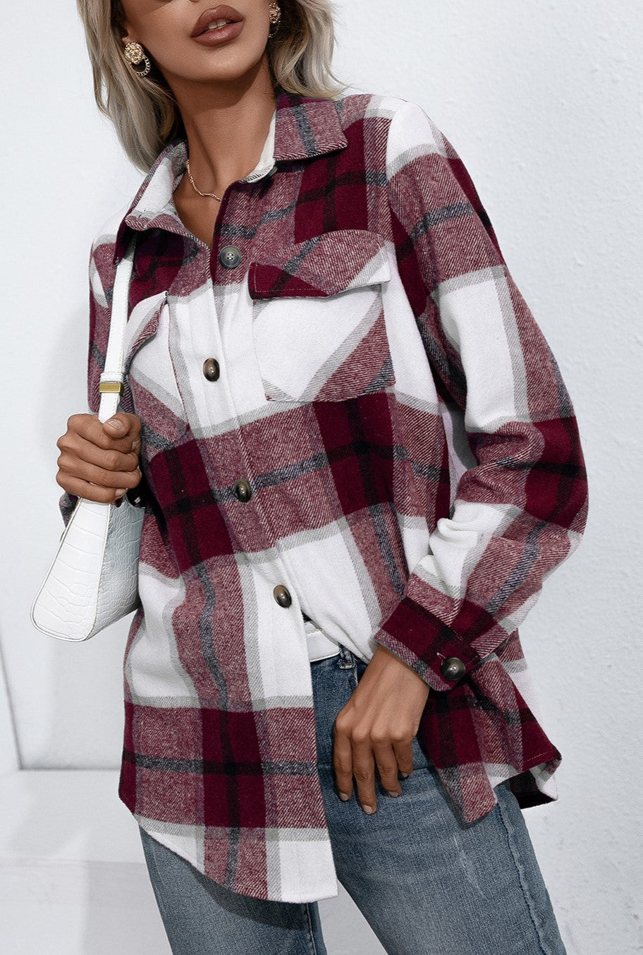 Oversized Plaid Flannel Button Down Shirt - WineRed