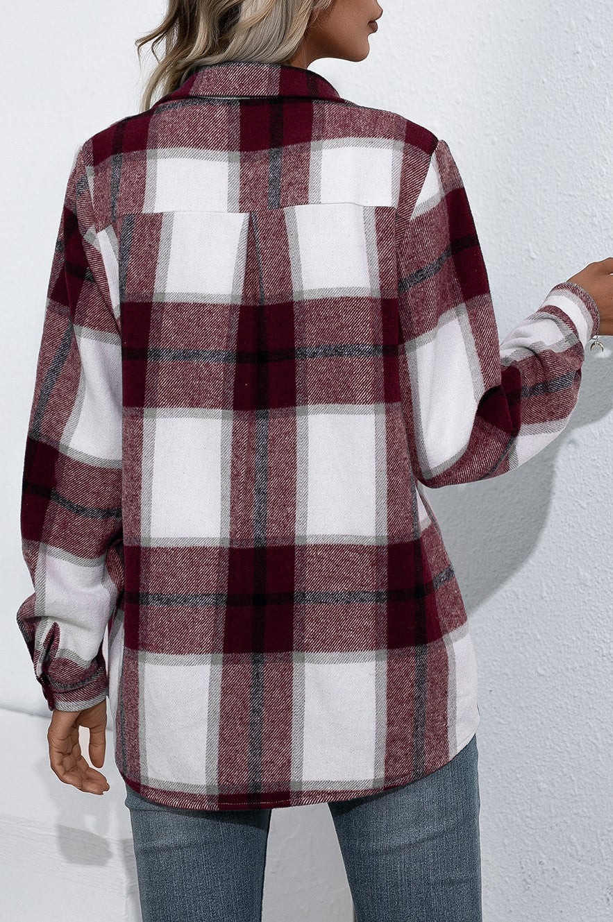 Oversized Plaid Flannel Button Down Shirt - WineRed - 1