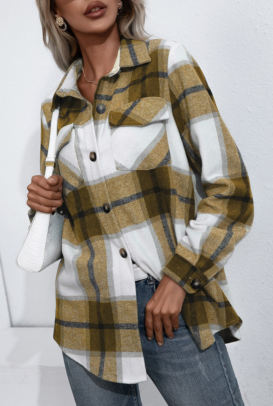 Oversized Plaid Flannel Button Down Shirt - Yellow - 1