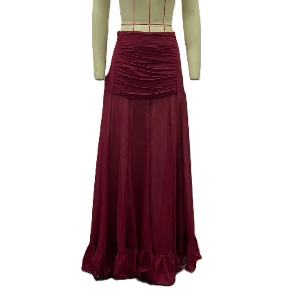 Ruched High Waist Ruffle Hem Maxi Skirt - Red - 3