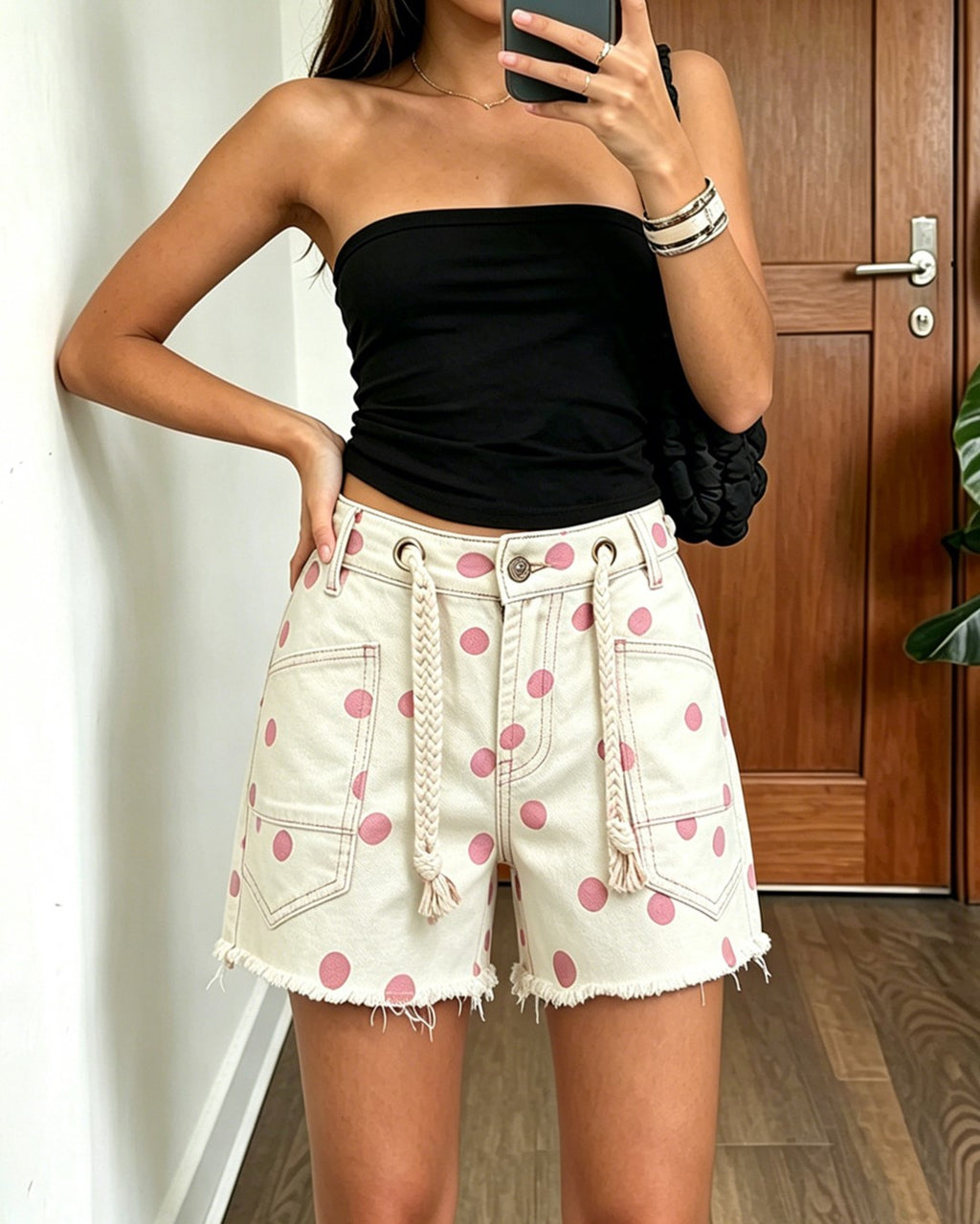 Retro Dot Print Frayed Hem Cargo Shorts - Pink