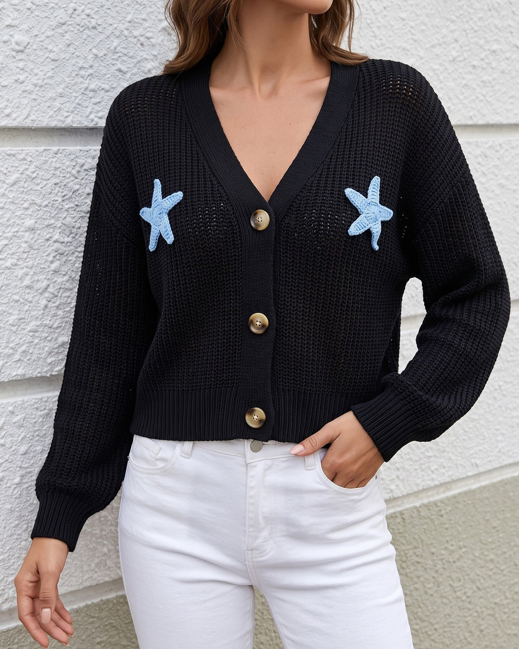 Star Motif Cropped Ribbed Knit Cardigan - Black
