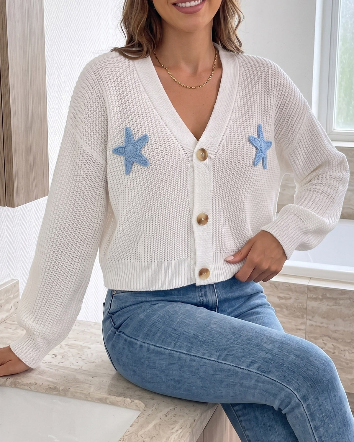 Star Motif Cropped Ribbed Knit Cardigan - White