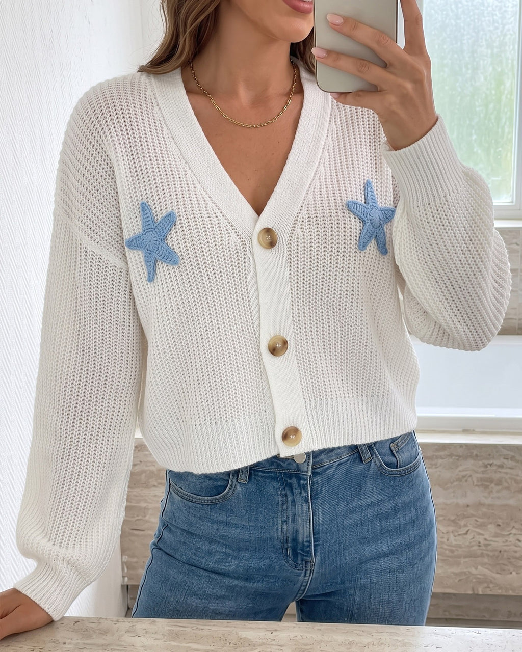 Star Motif Cropped Ribbed Knit Cardigan - White - 1