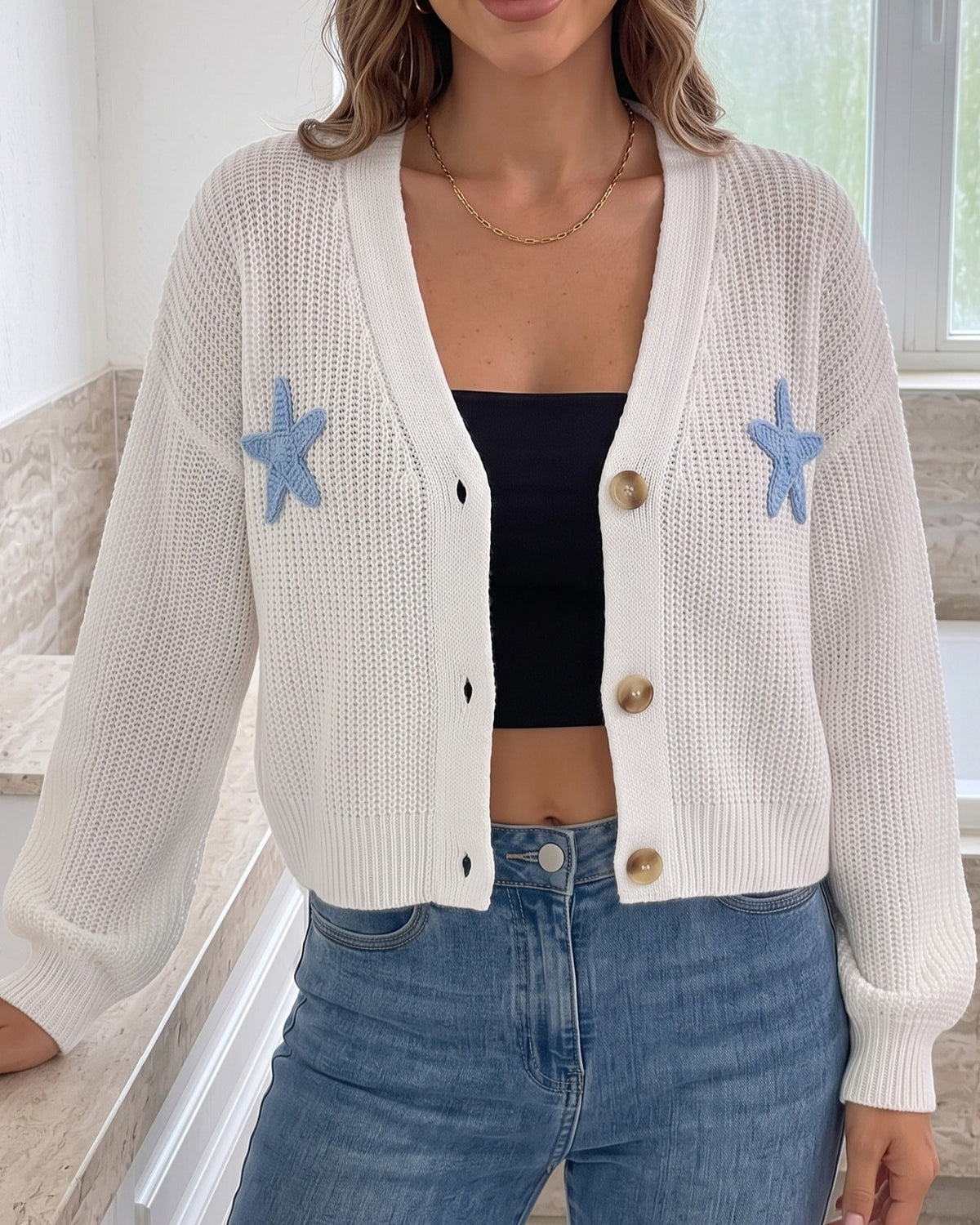 Star Motif Cropped Ribbed Knit Cardigan - White - 2