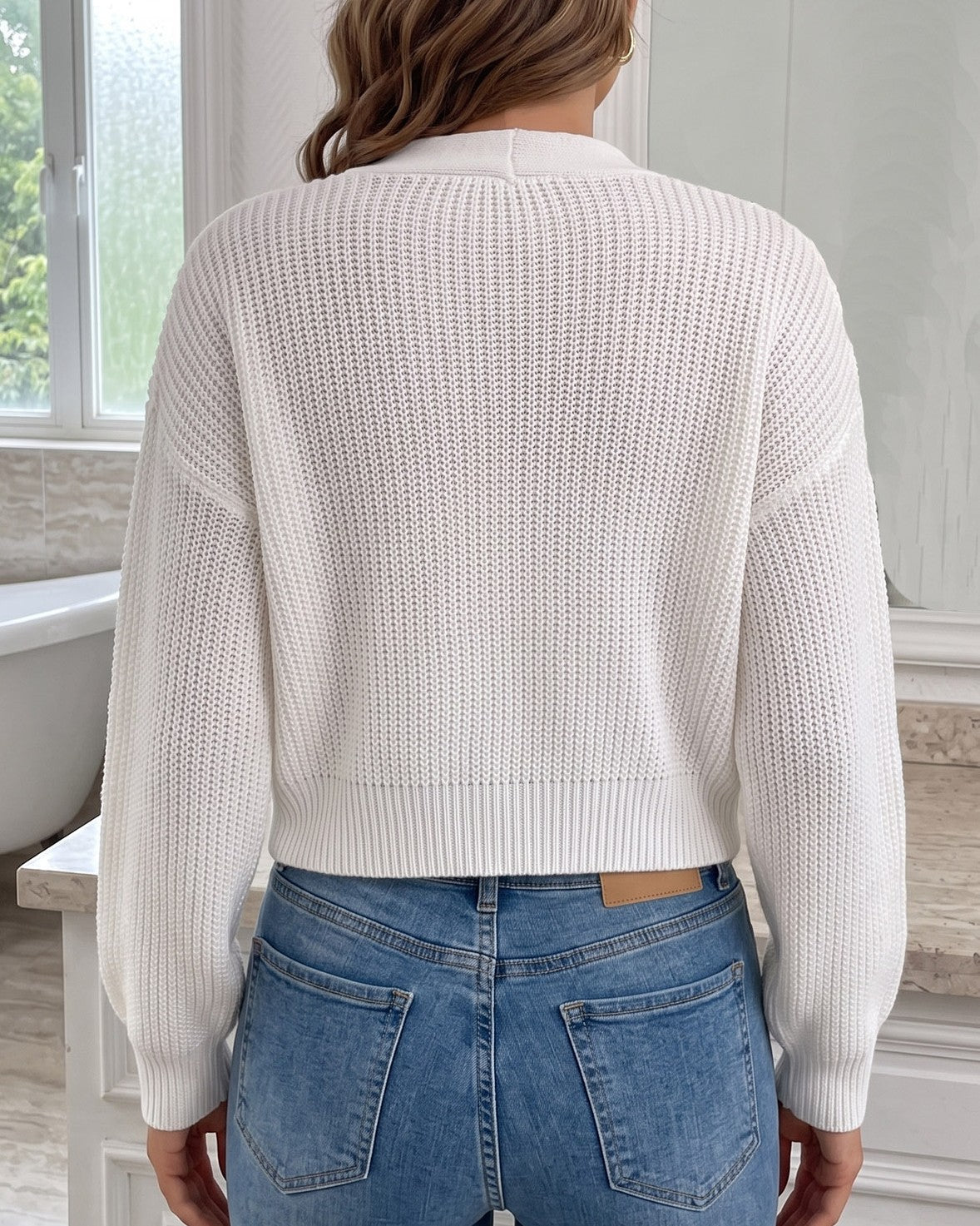 Star Motif Cropped Ribbed Knit Cardigan - White - 3