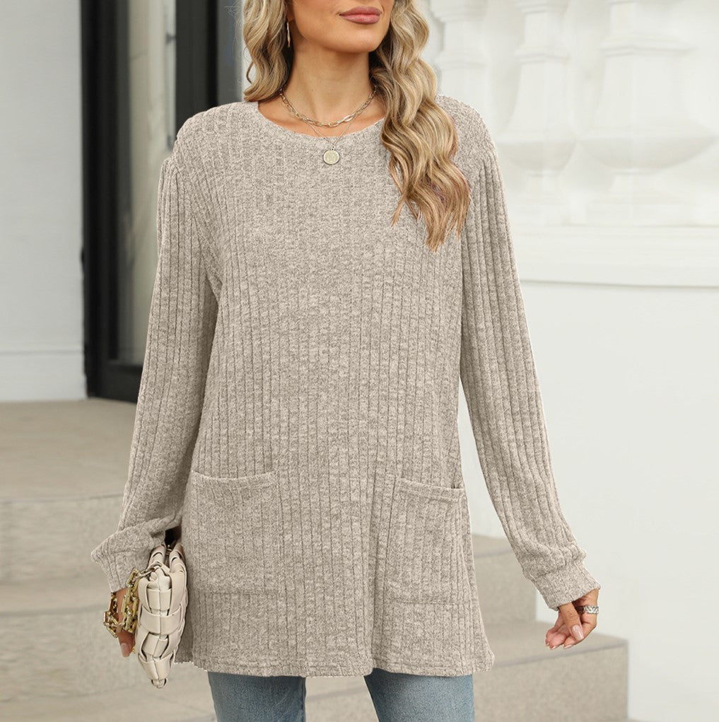 Waffle Knit Patch Pocket Tunic Top - Apricot