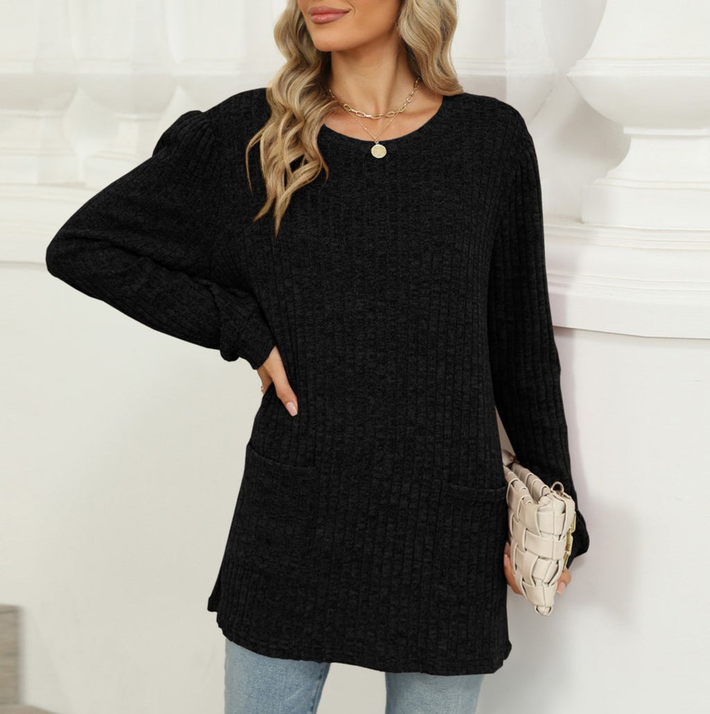 Waffle Knit Patch Pocket Tunic Top - Black