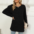 Waffle Knit Patch Pocket Tunic Top - Black
