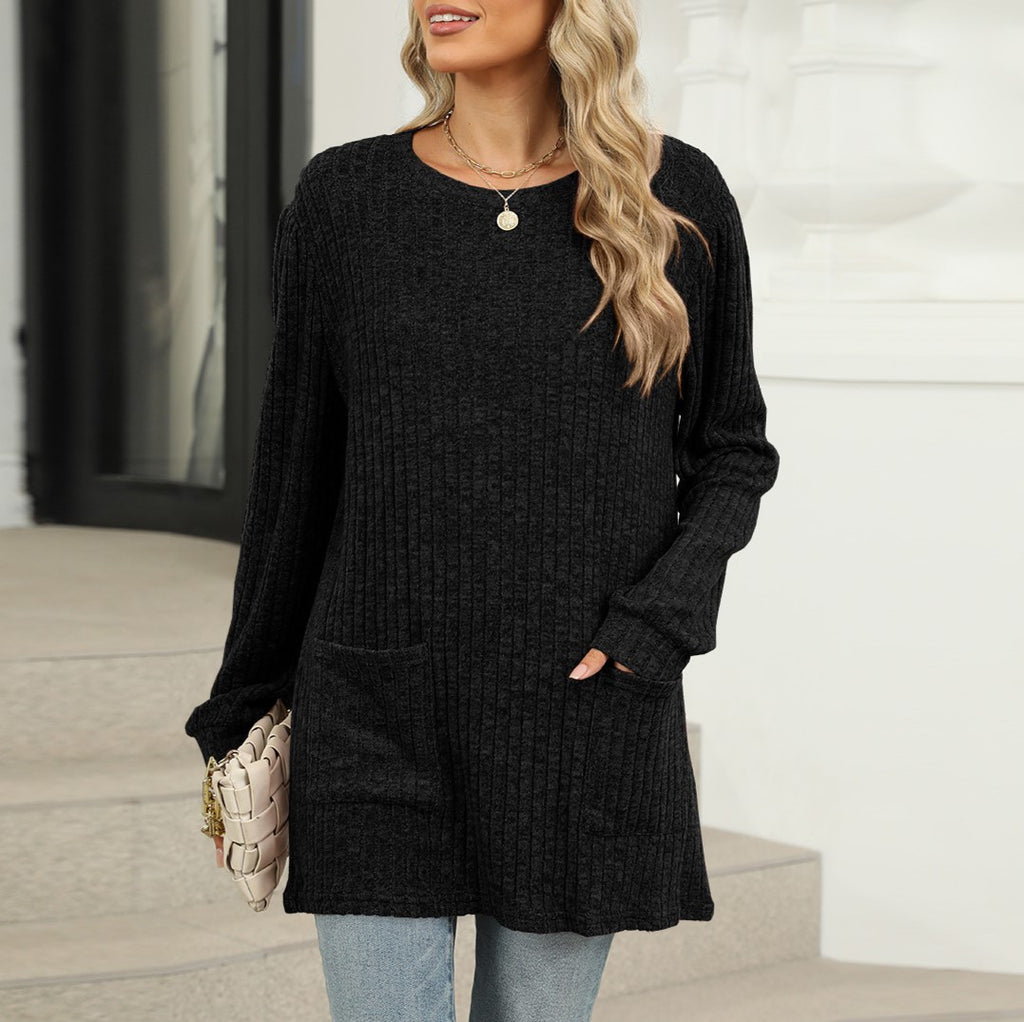 Waffle Knit Patch Pocket Tunic Top - Black - 1