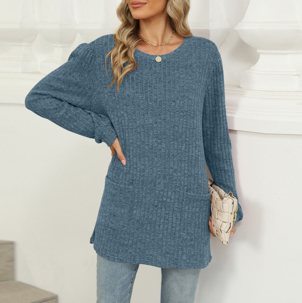 Waffle Knit Patch Pocket Tunic Top - Blue