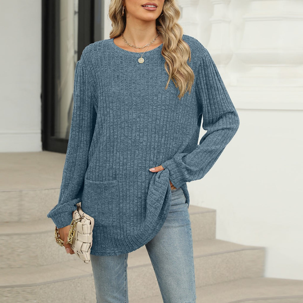 Waffle Knit Patch Pocket Tunic Top - Blue - 1