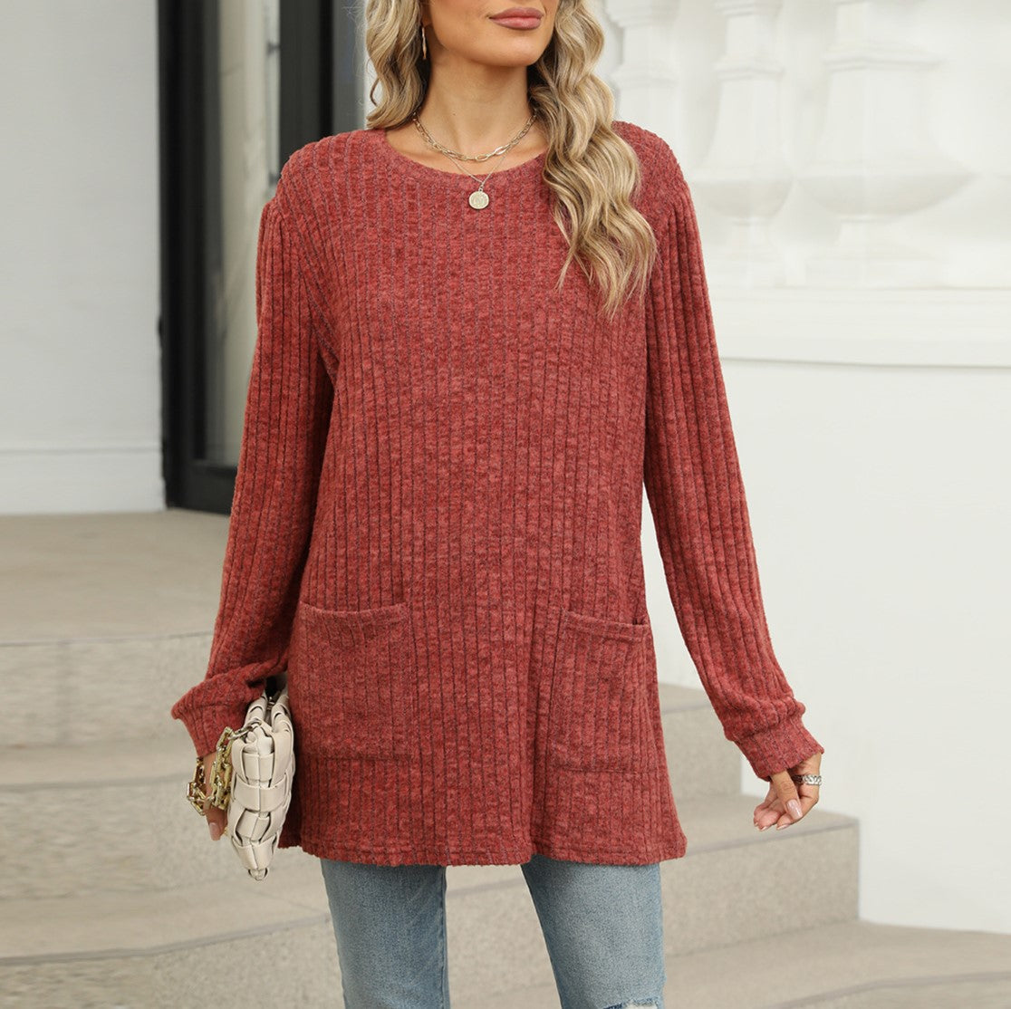 Waffle Knit Patch Pocket Tunic Top - Caramel