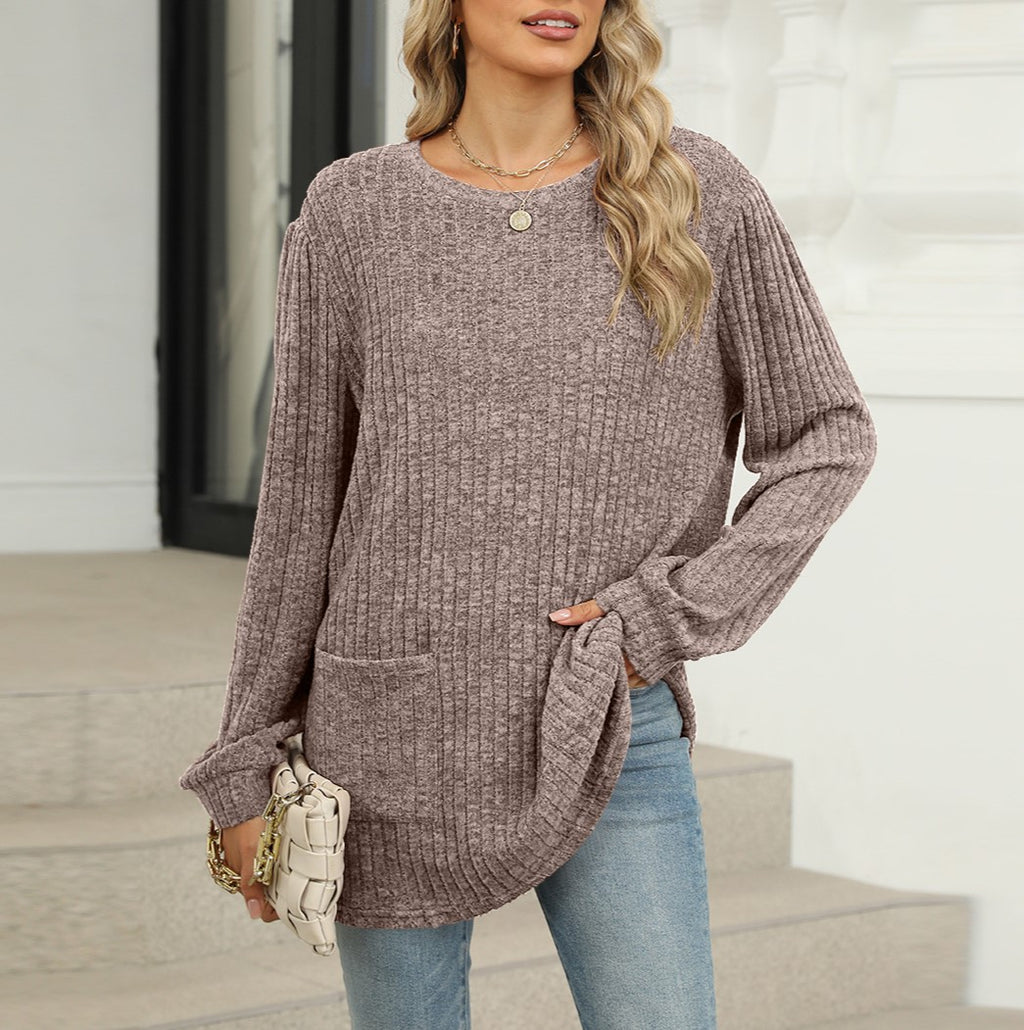 Waffle Knit Patch Pocket Tunic Top - Coffee