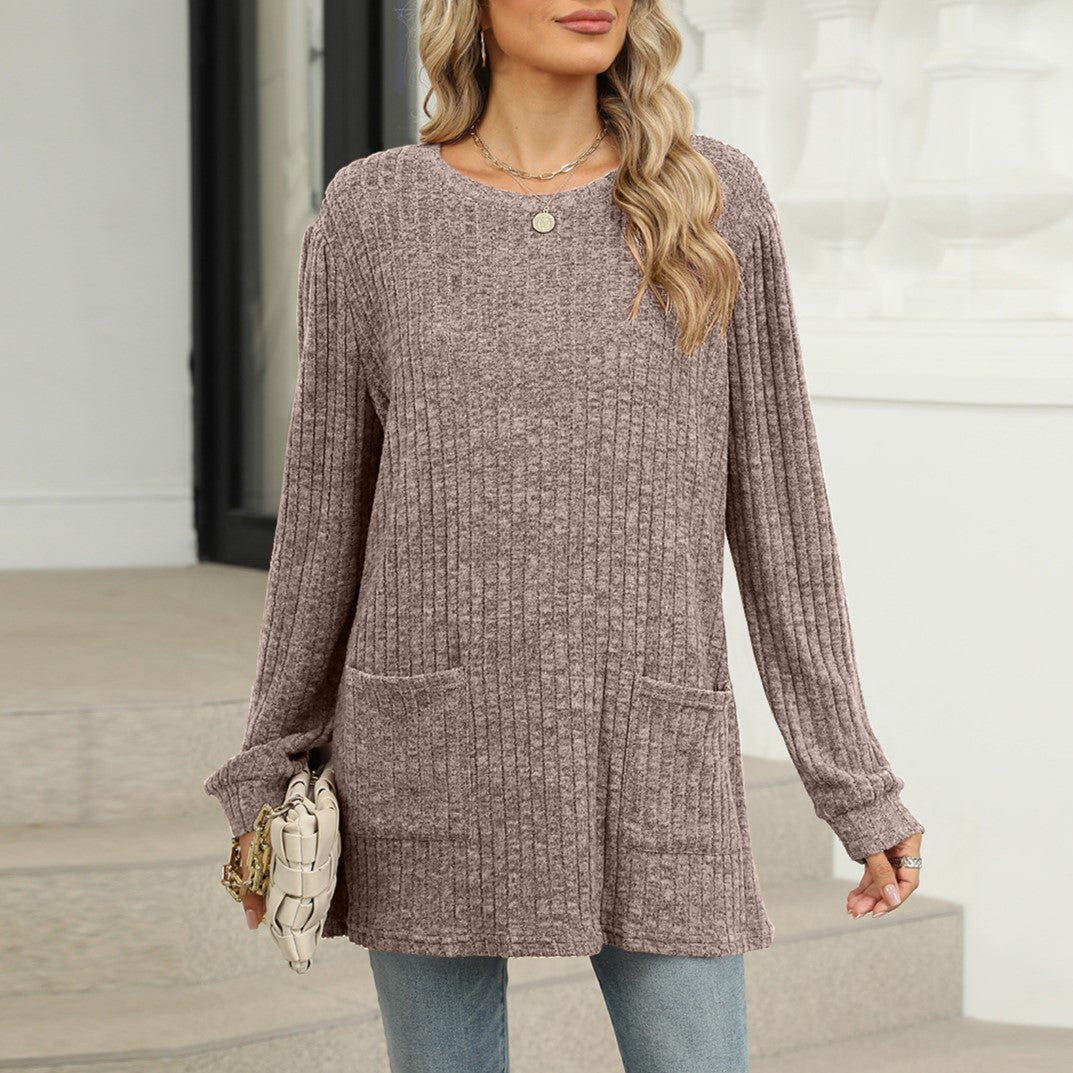 Waffle Knit Patch Pocket Tunic Top - Coffee - 1