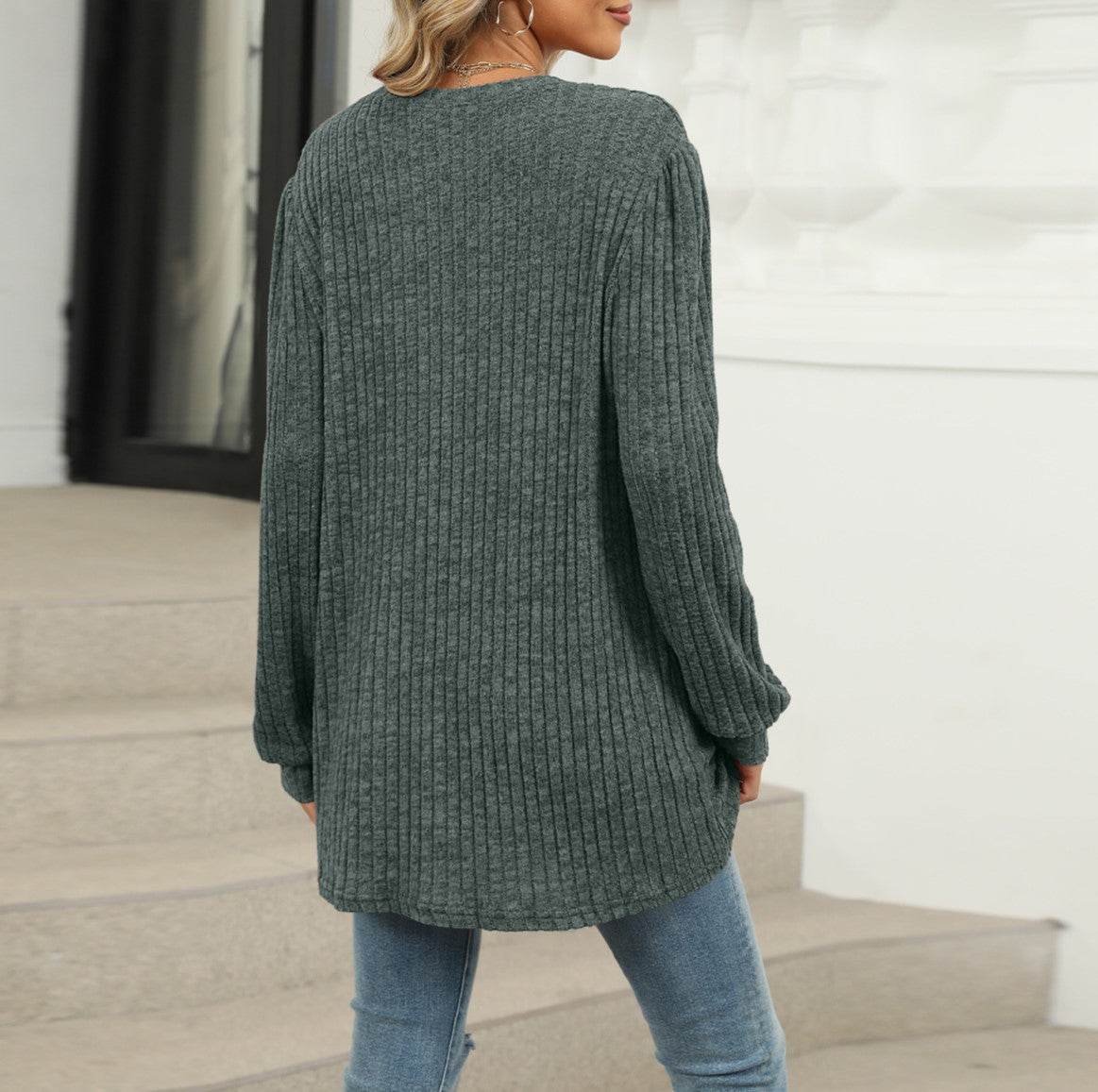 Waffle Knit Patch Pocket Tunic Top - Darkgreen - 1