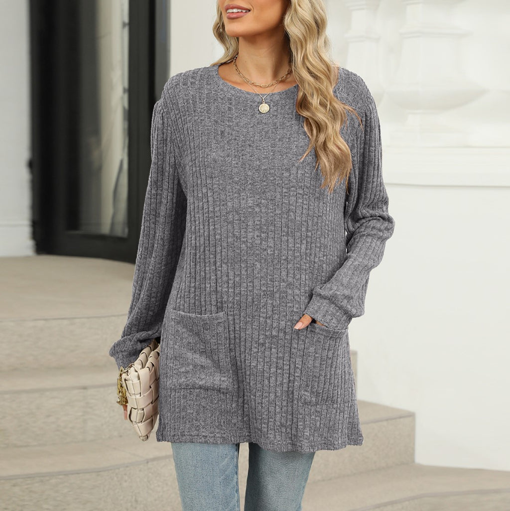 Waffle Knit Patch Pocket Tunic Top - Grey