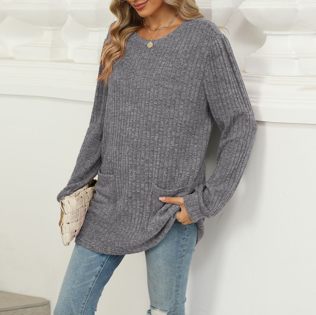Waffle Knit Patch Pocket Tunic Top - Grey - 1