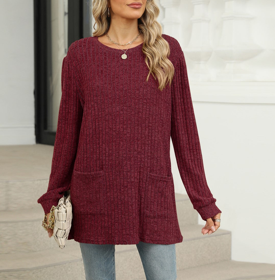 Waffle Knit Patch Pocket Tunic Top - Winered