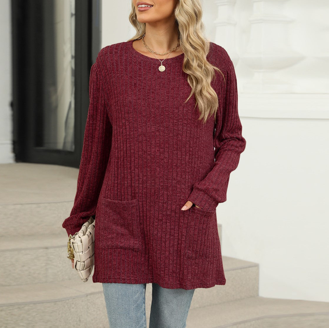 Waffle Knit Patch Pocket Tunic Top - Winered - 1