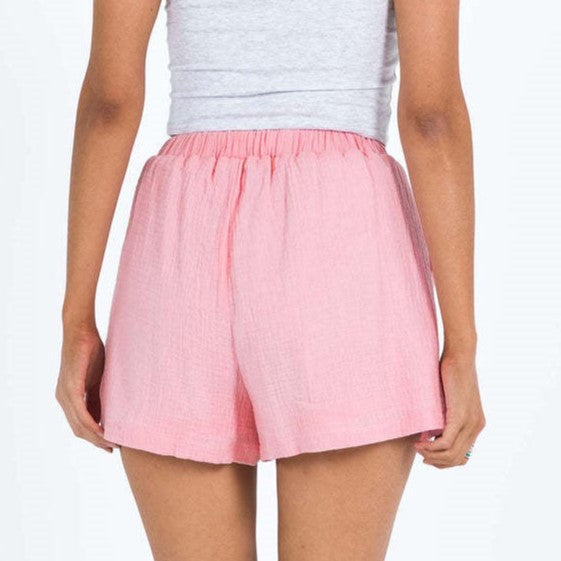 Crinkle Gauze Elastic Waist Beach Shorts - Pink - 1