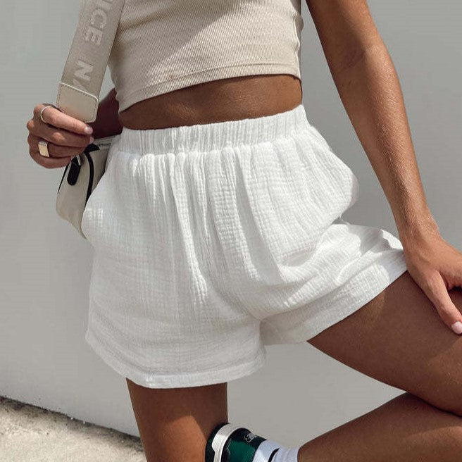 Crinkle Gauze Elastic Waist Beach Shorts - White