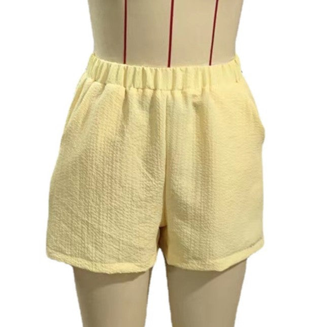 Crinkle Gauze Elastic Waist Beach Shorts - Yellow