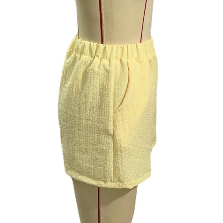 Crinkle Gauze Elastic Waist Beach Shorts - Yellow - 1