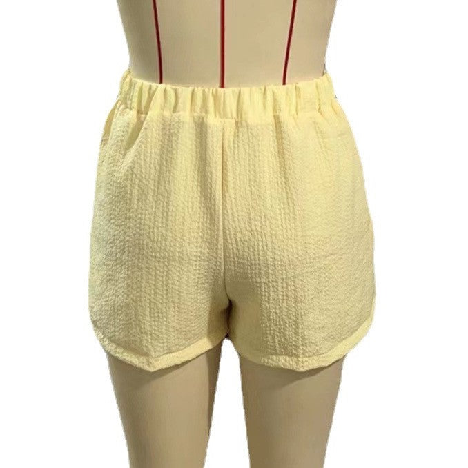 Crinkle Gauze Elastic Waist Beach Shorts - Yellow - 2
